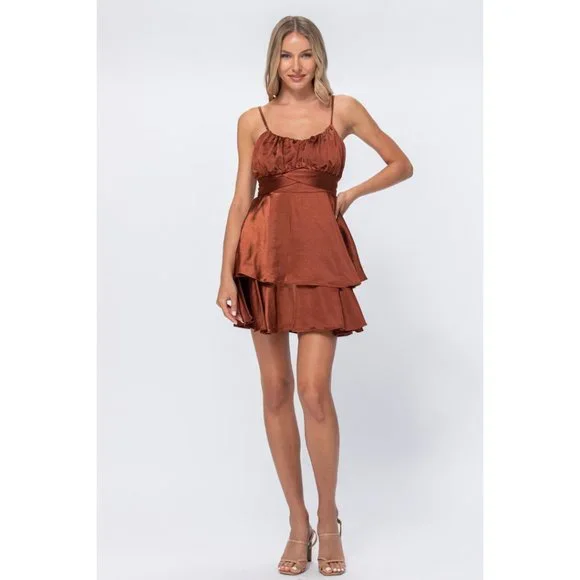 Brown Satin Ruffle Mini Dress - Picture 2 of 6